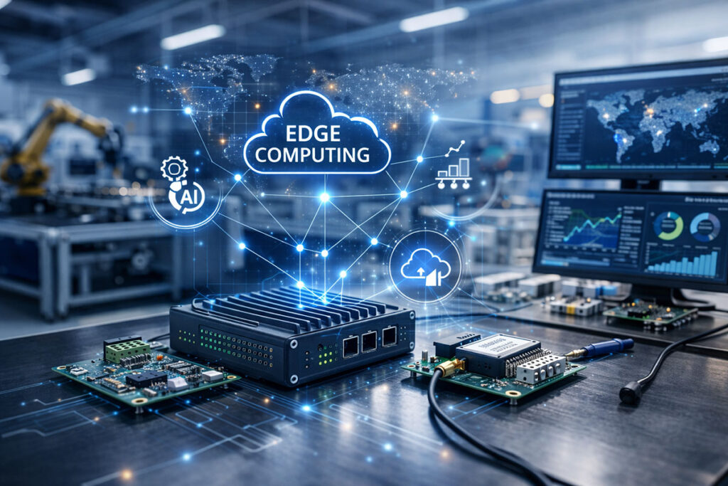 Industrial IoT edge computing hardware performing real-time embedded data processing within an electronic manufacturing environment