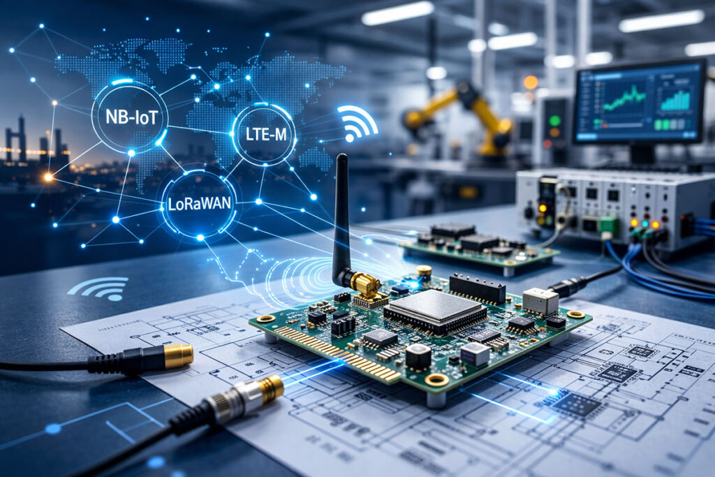 Industrial IoT connectivity hardware showing wireless embedded electronics PCB supporting NB-IoT, LTE-M and LoRaWAN communication